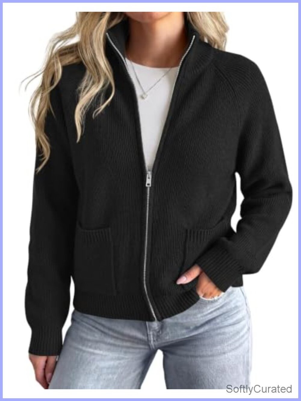 Chunky Ribbed Knit Zip Up Cardigan with Pockets Stand Collar